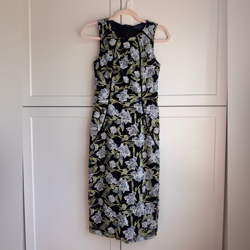 Rachel Rachel Roy Blue Floral Embroidered Sheath Dress Mesh Overlay Size 2 - Picture 3 of 13
